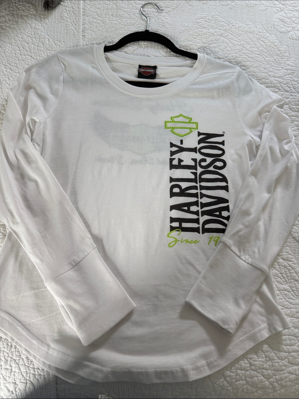 Harley-Davidson White Long Sleeve Tee with Neon Green Logo